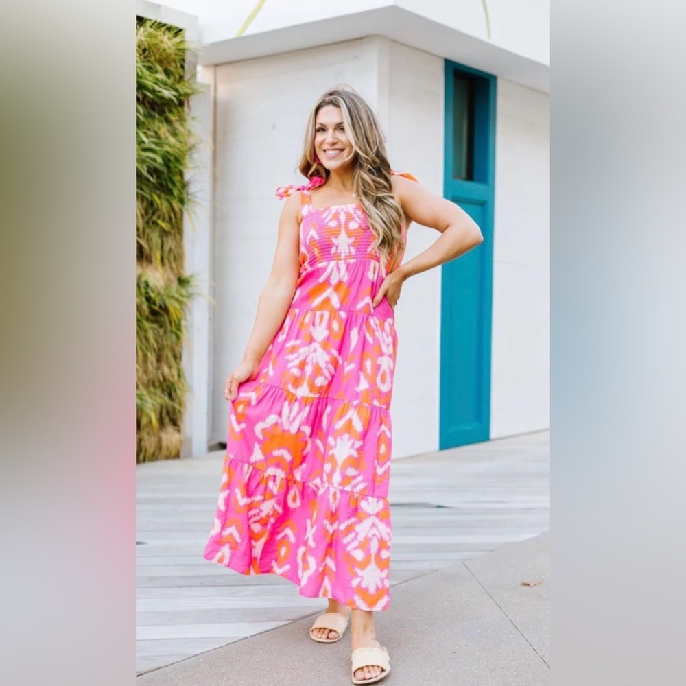 Pink Tie-Shoulder Maxi Dress with Floral Ikat Print